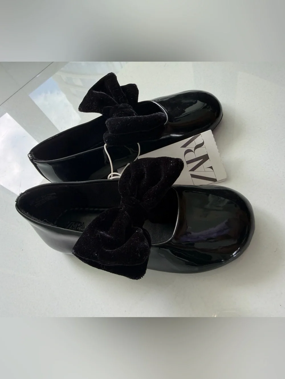 Zara Black Patent Ballet Flats with Velvet Bow